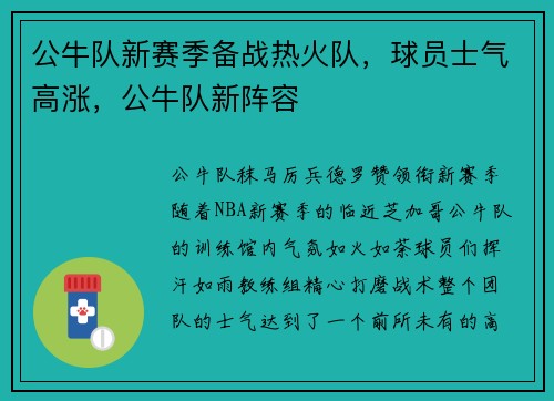 公牛队新赛季备战热火队,球员士气高涨,公牛队新阵容