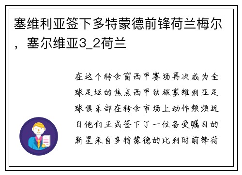 塞维利亚签下多特蒙德前锋荷兰梅尔,塞尔维亚3_2荷兰