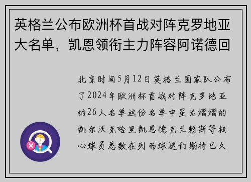 英格兰公布欧洲杯首战对阵克罗地亚大名单,凯恩领衔主力阵容阿诺德回归