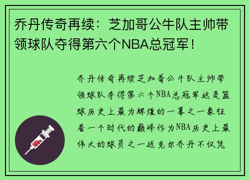 乔丹传奇再续:芝加哥公牛队主帅带领球队夺得第六个NBA总冠军!